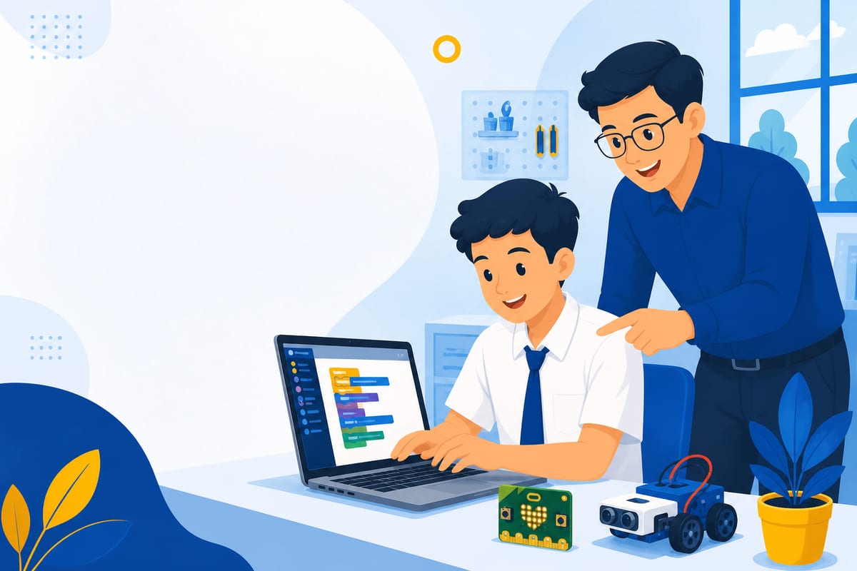 Ilustrasi siswa belajar coding Blockly dengan simulator micro:bit