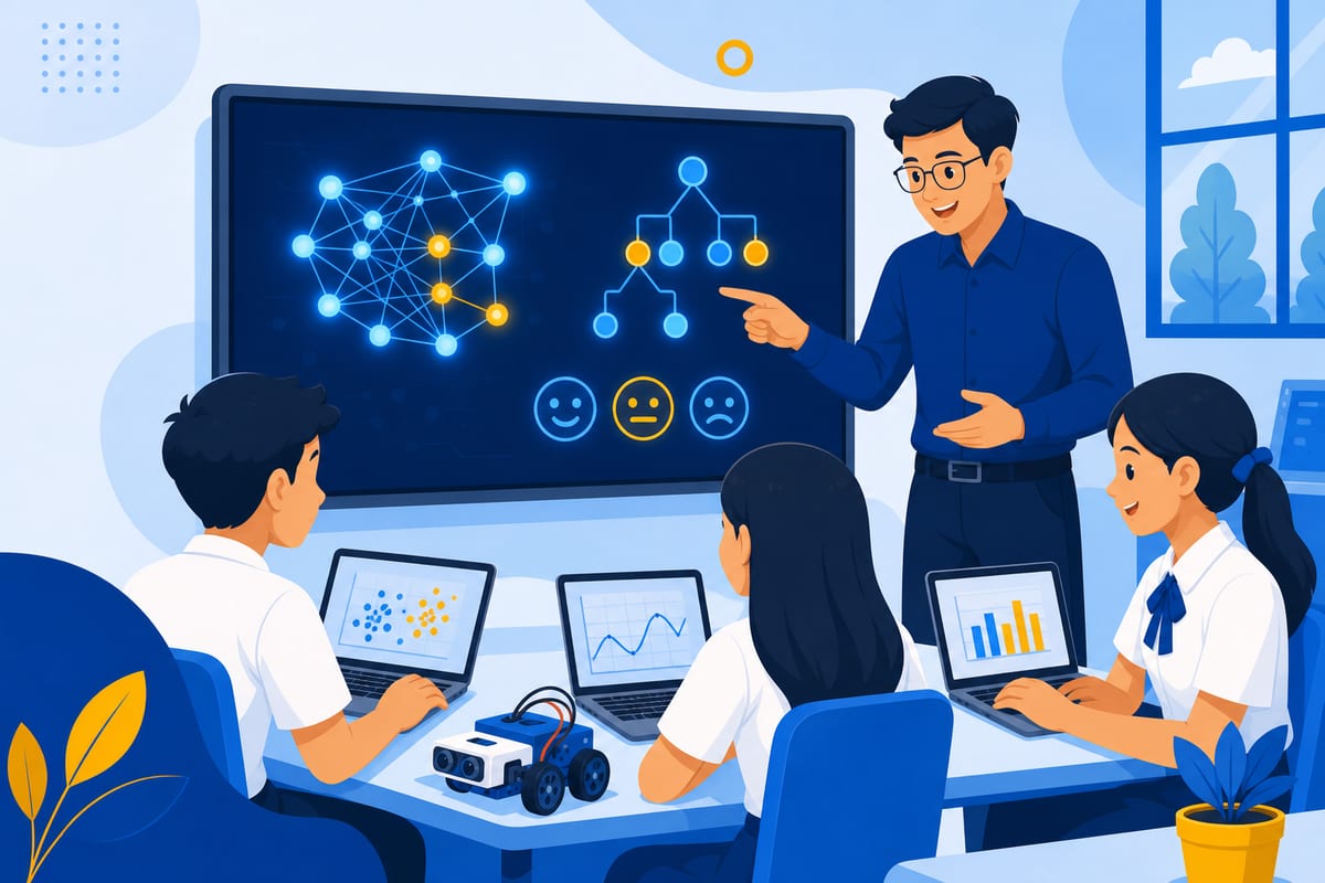 Ilustrasi siswa dan guru belajar kecerdasan buatan di kelas